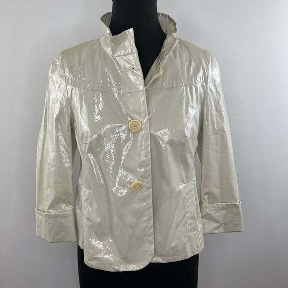 ST. EMILE Beige Ivory Coated Cotton High Shine 2-Button Short Jacket Pockets 8 - Picture 1 of 8